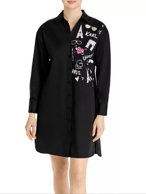 Karl Lagerfeld Graphic Button-Down Shirt Dress with Paris Motif - Black, Size M
